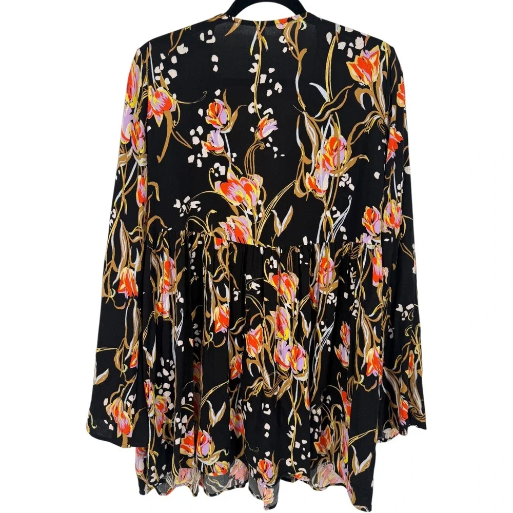 Free People‎ Bella Floral Babydoll Tunic Top Mini Dress Black V-Neck Size Medium